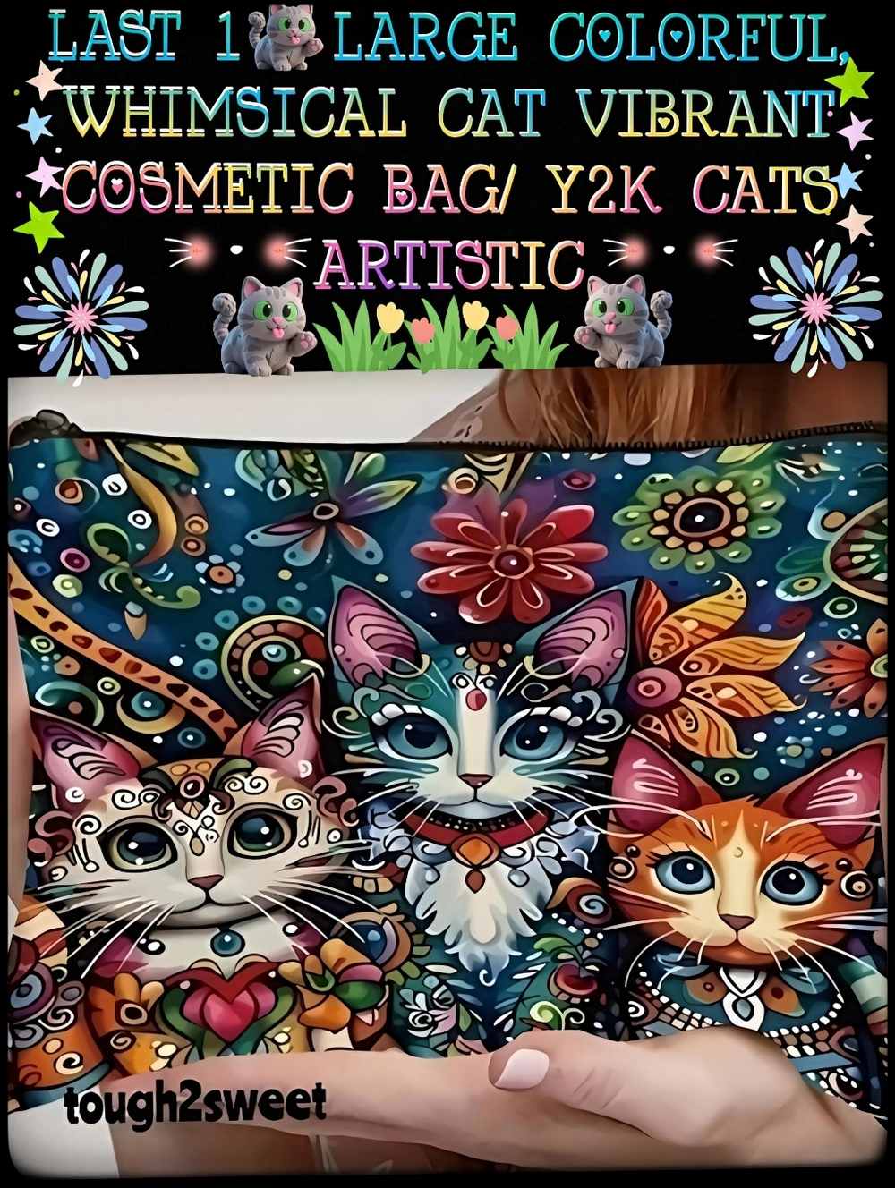 🆕️LAST 1😻EXTRA LARGE COLORFUL,WHIMSICAL CAT VIBRANT COSMETIC BAG/Y2K CATS ART